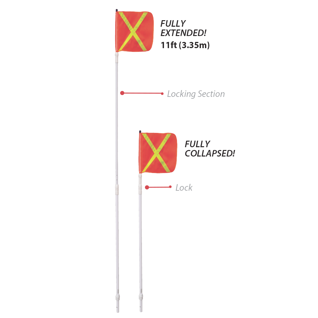 Driver Ind. Warning Whip, Safetywhips®, 13 Foot Extended Height 3 Locking Telescoping Sections, Non-Lighted, White Pole, Fiberglass – TW13D-X