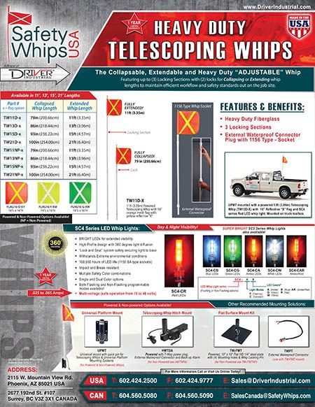 Driver Ind. Warning Whip, Safetywhips®, 13 Foot Extended Height 3 Locking Telescoping Sections, Non-Lighted, White Pole, Fiberglass – TW13D-X