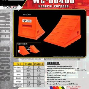 Driver Ind. Wheel Chock, Toro ® 400 Series, Orange, Polyurethane, Single, Tire Diameter Up to 35 Inch, 15 Ton Maximum Capacity – WC-UO400