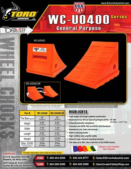 Driver Ind. Wheel Chock, Toro ® 400 Series, Orange, Polyurethane, Single, Tire Diameter Up to 35 Inch, 15 Ton Maximum Capacity – WC-UO400