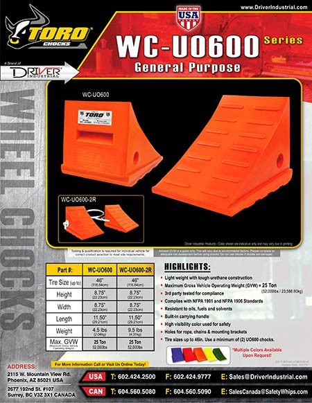 Driver Ind. Wheel Chock, Toro ® 600 Series, Orange, Polyurethane, Set of 2, Tire Diameter Up to 46 Inch, 25 Ton Maximum Capacity – WC-UO600-2R