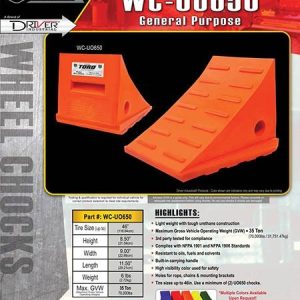 Driver Ind. Wheel Chock, Toro ® 650 Series, Orange, Polyurethane, Single, Tire Diameter Up to 46 Inch, 35 Ton Maximum Capacity – WC-UO650