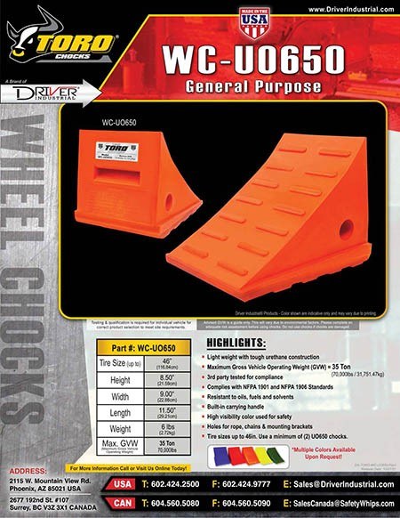 Driver Ind. Wheel Chock, Toro ® 650 Series, Orange, Polyurethane, Single, Tire Diameter Up to 46 Inch, 35 Ton Maximum Capacity – WC-UO650