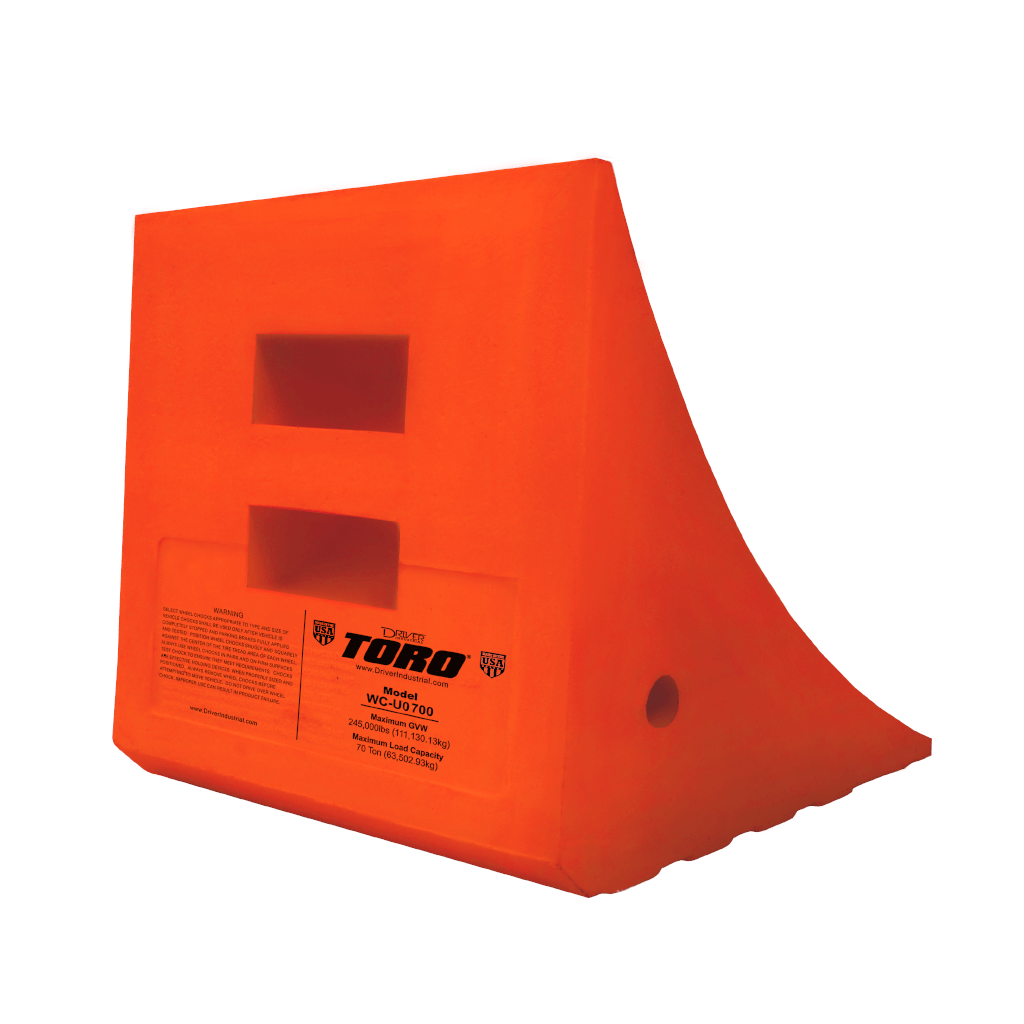 Driver Ind. Wheel Chock, Toro ® 700 Series, Orange, Polyurethane, Single, Tire Diameter Up to 65 Inch, 70 Ton Maximum Capacity – WC-UO700