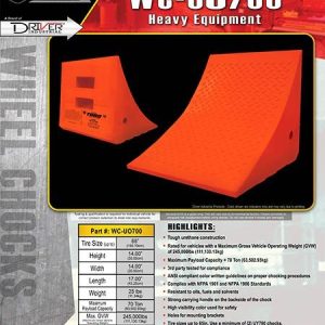 Driver Ind. Wheel Chock, Toro ® 700 Series, Orange, Polyurethane, Single, Tire Diameter Up to 65 Inch, 70 Ton Maximum Capacity – WC-UO700