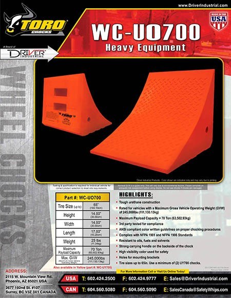 Driver Ind. Wheel Chock, Toro ® 700 Series, Orange, Polyurethane, Single, Tire Diameter Up to 65 Inch, 70 Ton Maximum Capacity – WC-UO700