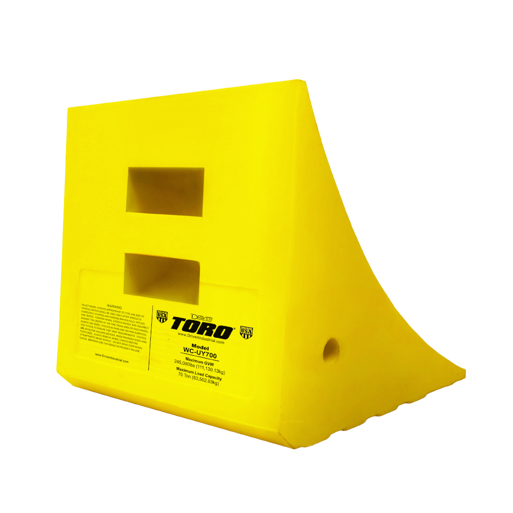 Driver Ind. Wheel Chock, Toro ® 700 Series, Yellow, Polyurethane, Single, Tire Diameter Up to 65 Inch, 70 Ton Maximum Capacity – WC-UY700