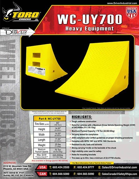 Driver Ind. Wheel Chock, Toro ® 700 Series, Yellow, Polyurethane, Single, Tire Diameter Up to 65 Inch, 70 Ton Maximum Capacity – WC-UY700