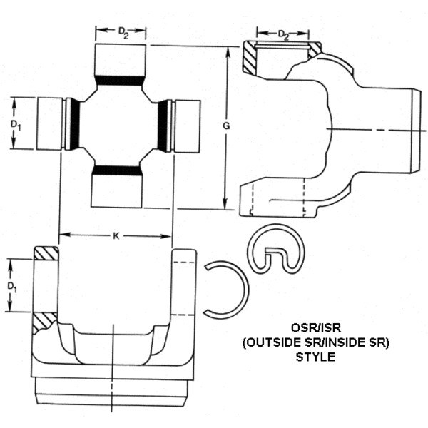 Dana Spicer Universal Joint, 1330/ 7260 Design, Inside/ Outside Retaining Clips, 2 Smooth Round/ 2 Grooved Round Bearings – 5-3246X