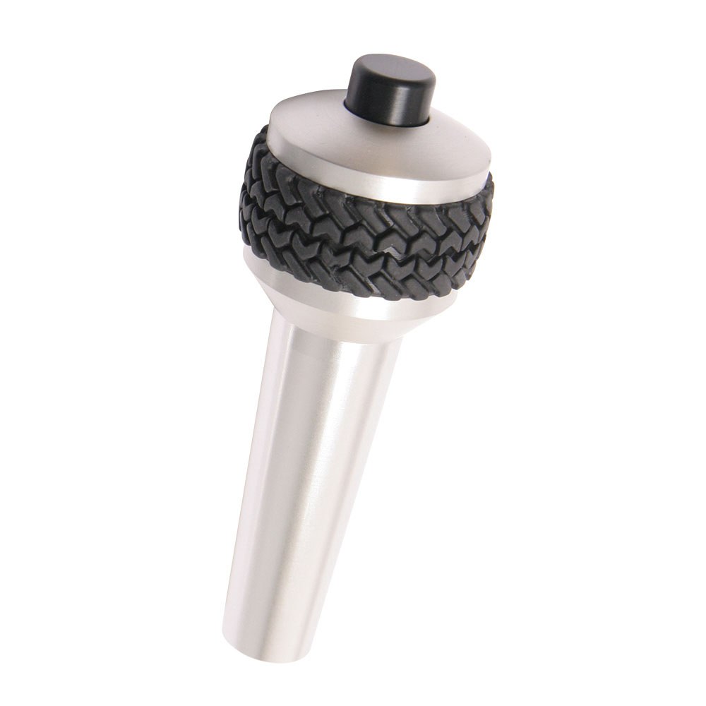 DV8 Offroad Shifter Knob, Auto Trans, Round/ Tire Tread, Screw on, Silver/ Black, Billet Aluminum, With Push Button – D-JP-180023-BL