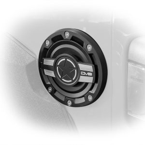 DV8 Offroad Fuel Door, Riveted with DV8 Logo, Black and Silver, Aluminum, Non-Locking – D-JL-190004-MIL
