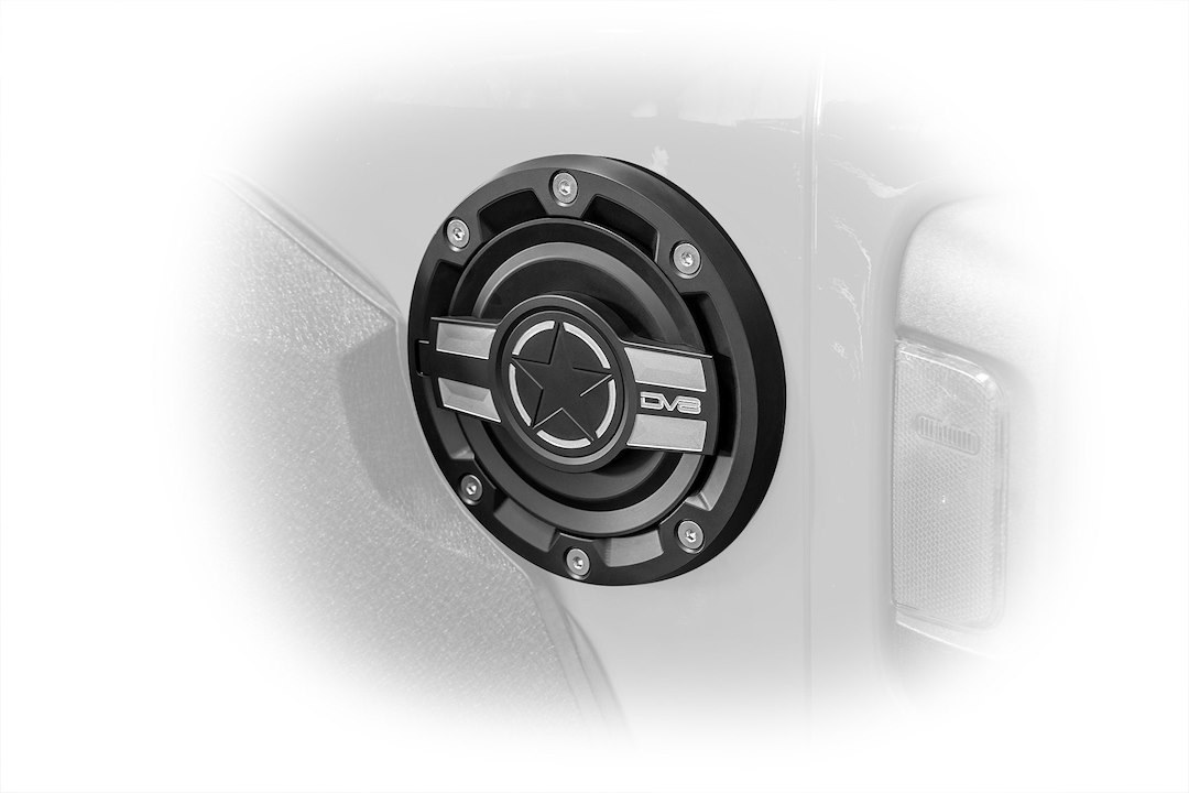 DV8 Offroad Fuel Door, Riveted with DV8 Logo, Black and Silver, Aluminum, Non-Locking – D-JL-190004-MIL