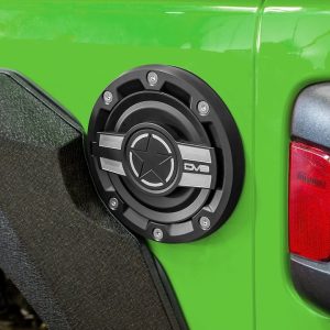 DV8 Offroad Fuel Door, Riveted with DV8 Logo, Black and Silver, Aluminum, Non-Locking – D-JL-190004-MIL