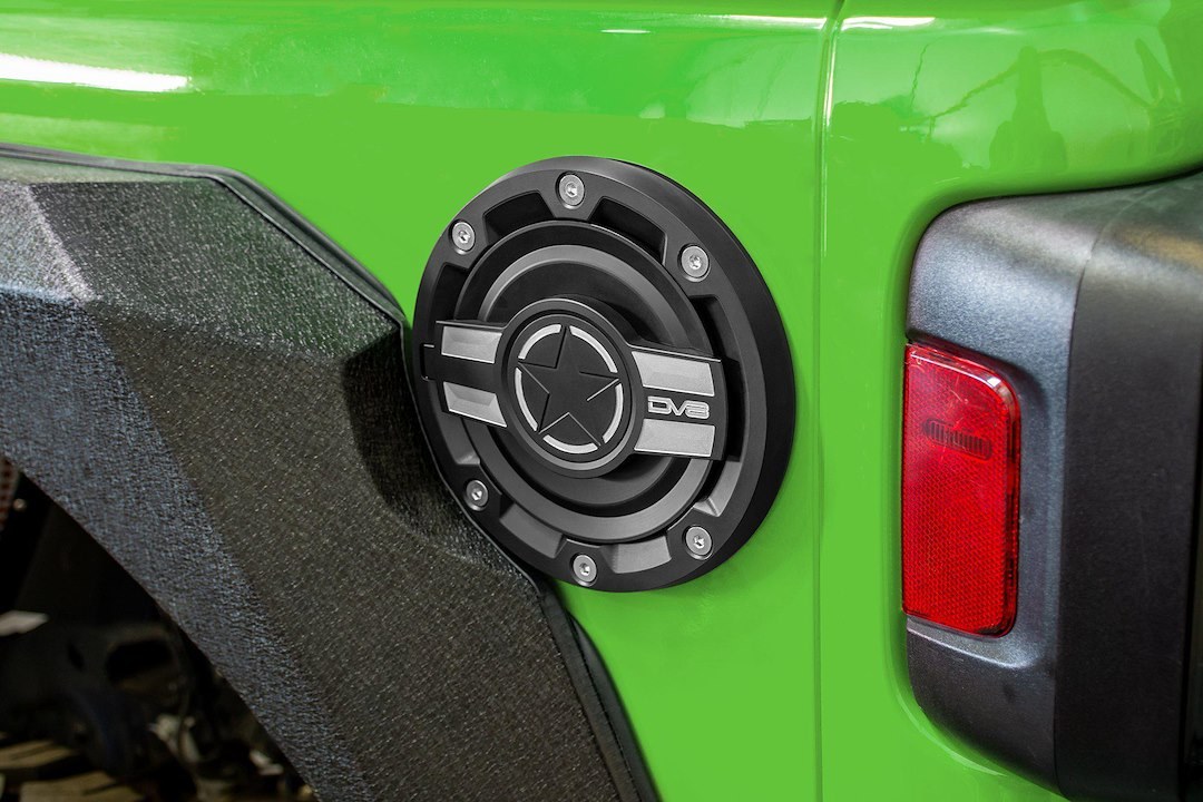DV8 Offroad Fuel Door, Riveted with DV8 Logo, Black and Silver, Aluminum, Non-Locking – D-JL-190004-MIL