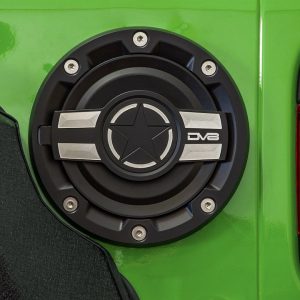 DV8 Offroad Fuel Door, Riveted with DV8 Logo, Black and Silver, Aluminum, Non-Locking – D-JL-190004-MIL
