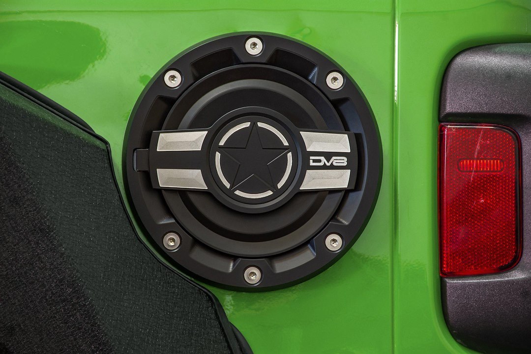 DV8 Offroad Fuel Door, Riveted with DV8 Logo, Black and Silver, Aluminum, Non-Locking – D-JL-190004-MIL