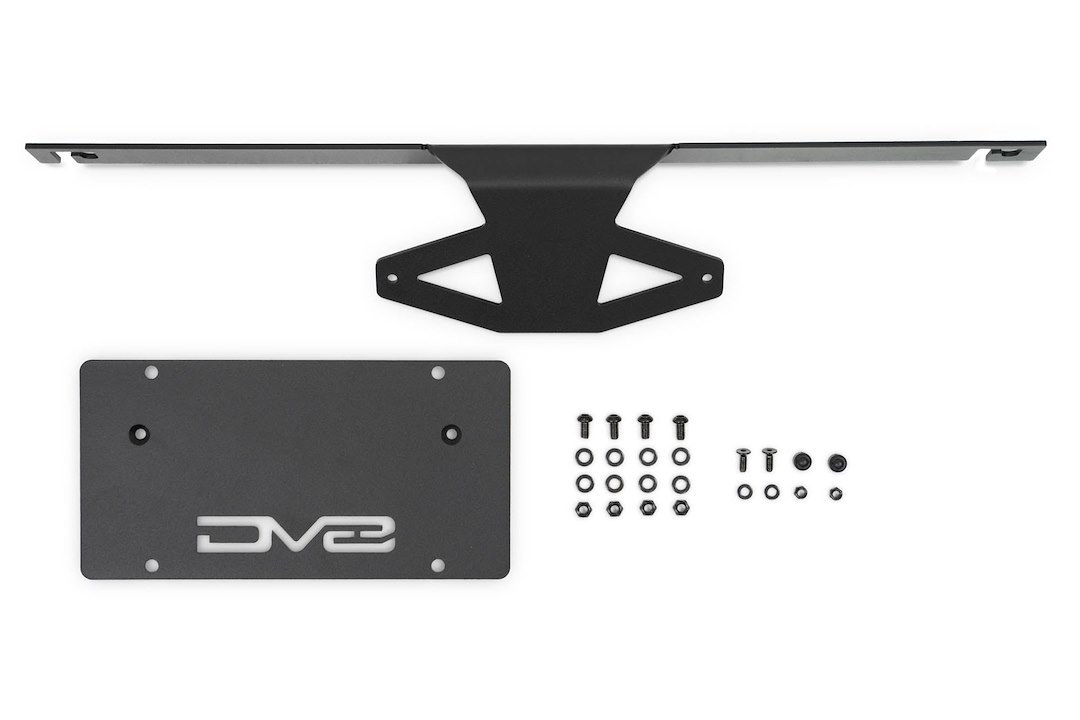 DV8 Offroad License Plate Relocation Kit, Relocates License Plate Below the Center at AN Angle on Front Bumper, Powder Coated, Black, Steel – LPBR-05