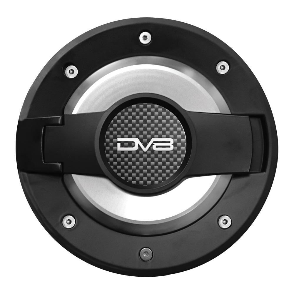 DV8 Offroad Fuel Door, Riveted Ring, Satin Black Ring with Chrome Door, Aluminum, Non Locking – D-JP-190024-BLK