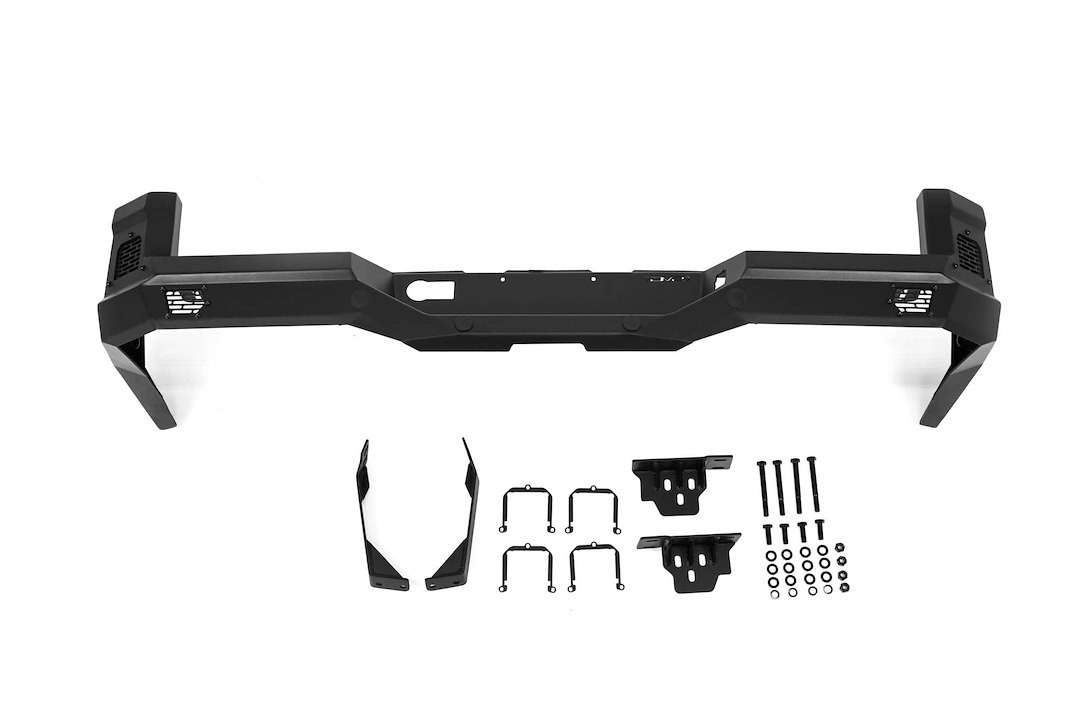 DV8 Offroad Bumper, Spec Series, Modular Design, Mounting Hardware Included, Without D-Ring Mounts, With Two 3 Inch Light Pod Cutouts – RBTT1-08