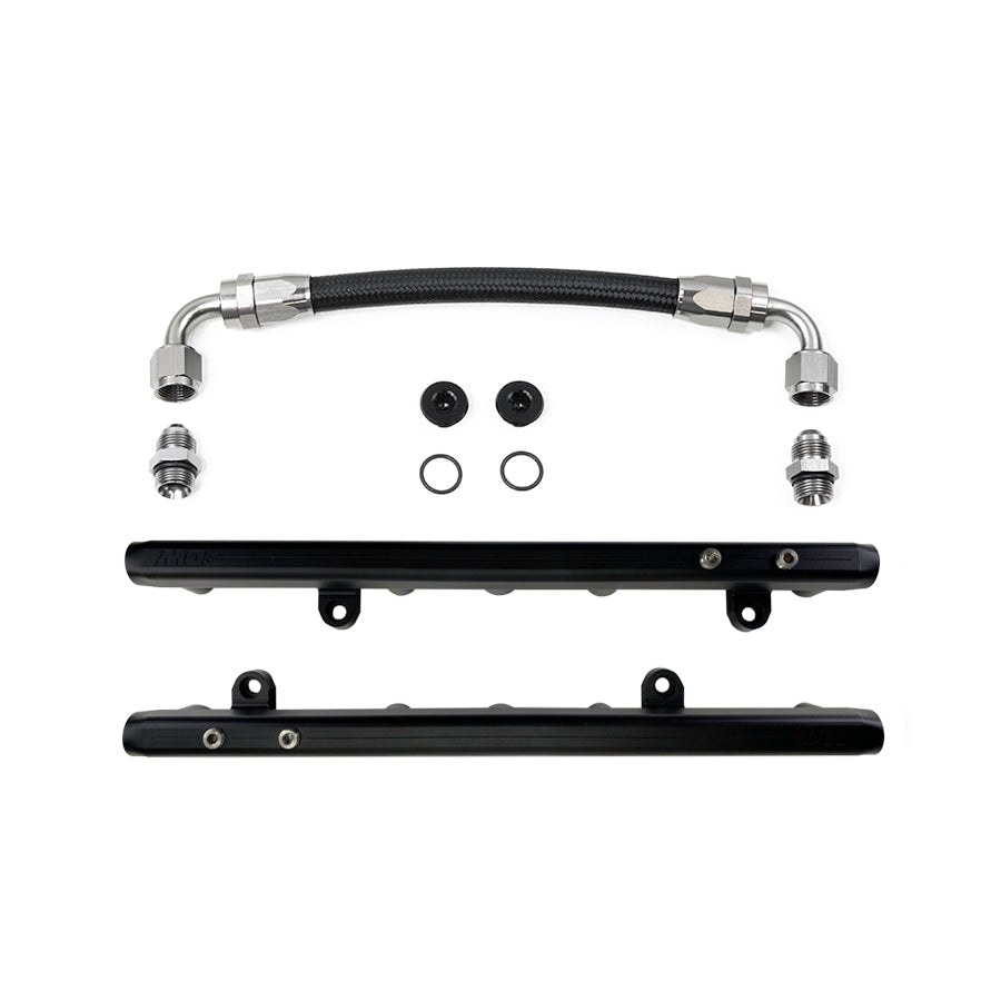 Deatschwerks Fuel Injector Rail, Anodized, Black, Aluminum, Set of 2, With Fittings and Crossover Hose – 7-203