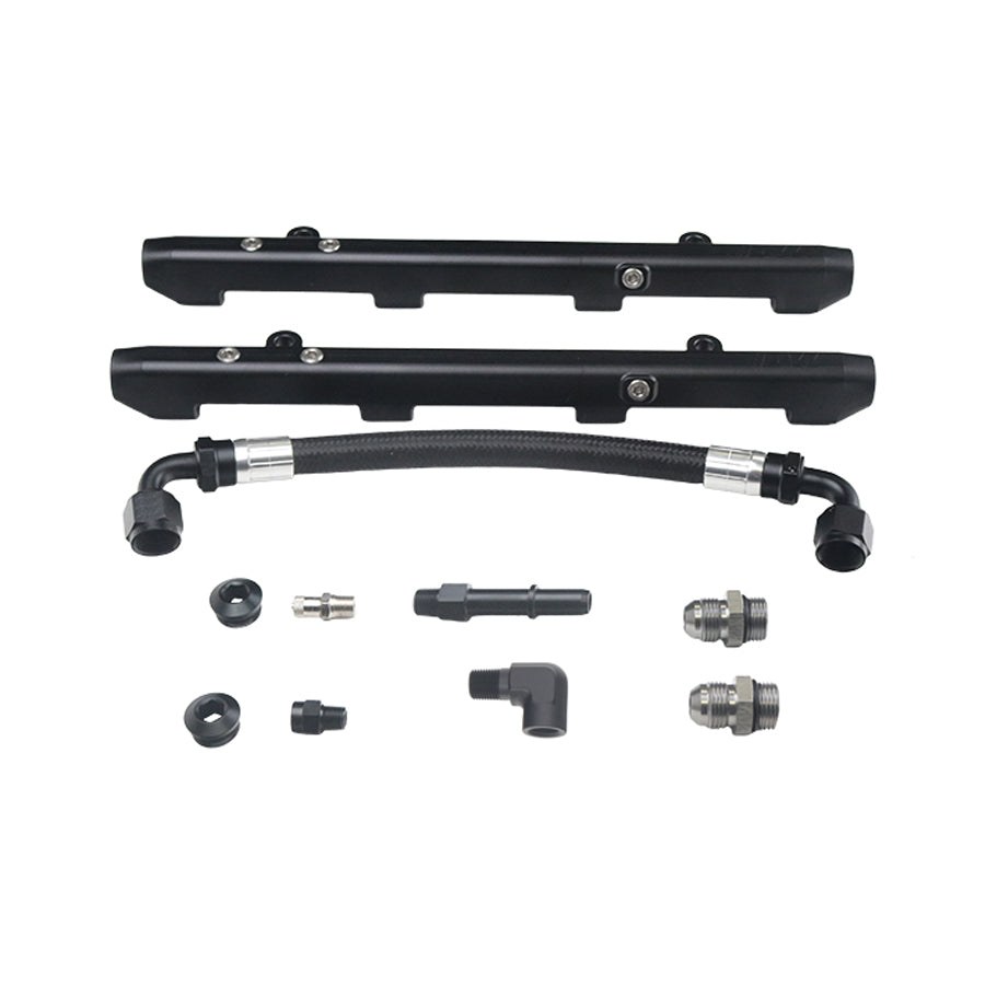 Deatschwerks Fuel Injector Rail, Black, Anodized, Aluminum, Set of 2, With Fittings and Crossover Hose – 7-307