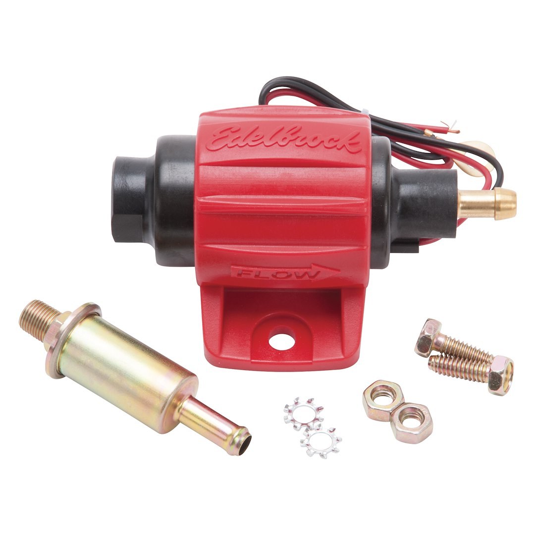 Edelbrock Fuel Pump Electric, 38 Gph Flow Rate, Gas/ E85, 4-7 PSI, Without Regulator, 5/16 Inch Barb Inlet with Filter, 5/16 Inch Barb Outlet – 17301