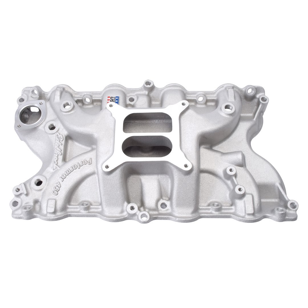 Edelbrock Intake Manifold, Performer, Idle-5500 RPM Range, Dual-Plane/ Non-EGR, 4-Barrel Square-Bore Carburetor, Aluminum, Natural – 2166