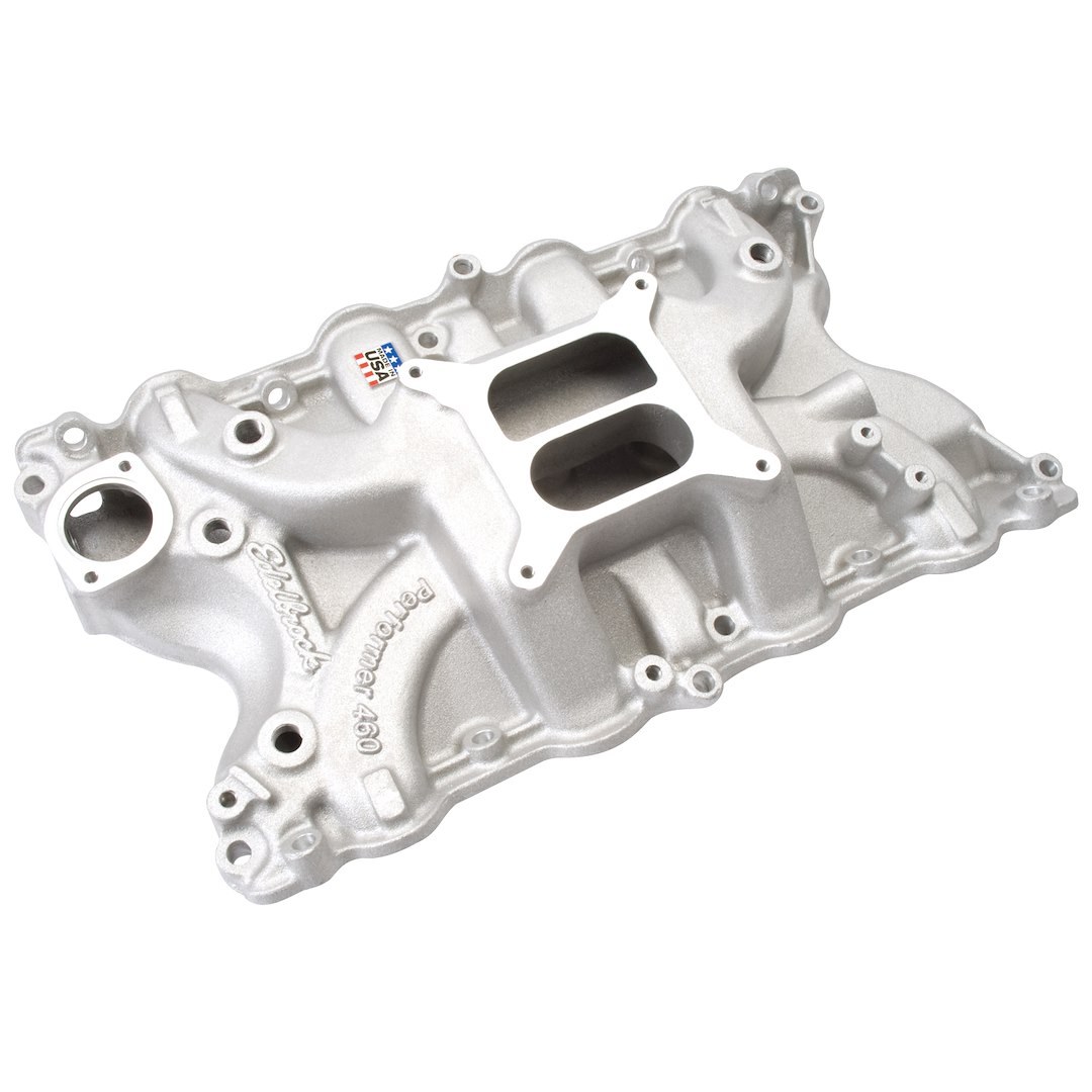 Edelbrock Intake Manifold, Performer, Idle-5500 RPM Range, Dual-Plane/ Non-EGR, 4-Barrel Square-Bore Carburetor, Aluminum, Natural – 2166