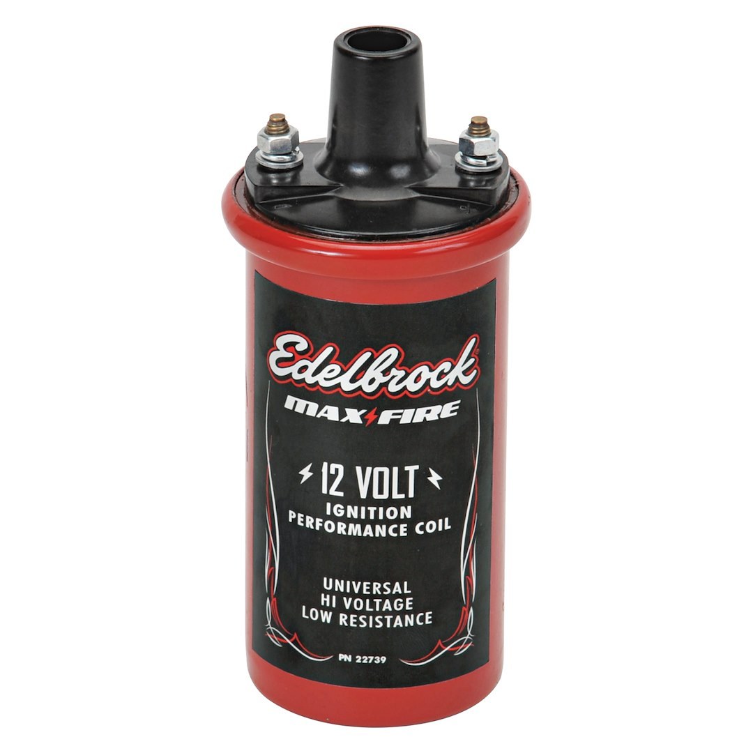 Edelbrock Ignition Coil, Max-Fire, Canister, 42000 Volts, 1.4 Ohms Primary Resistance, Black/ Red, Single – 22739