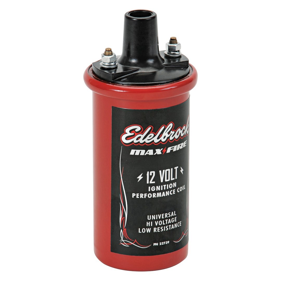 Edelbrock Ignition Coil, Max-Fire, Canister, 42000 Volts, 1.4 Ohms Primary Resistance, Black/ Red, Single – 22739