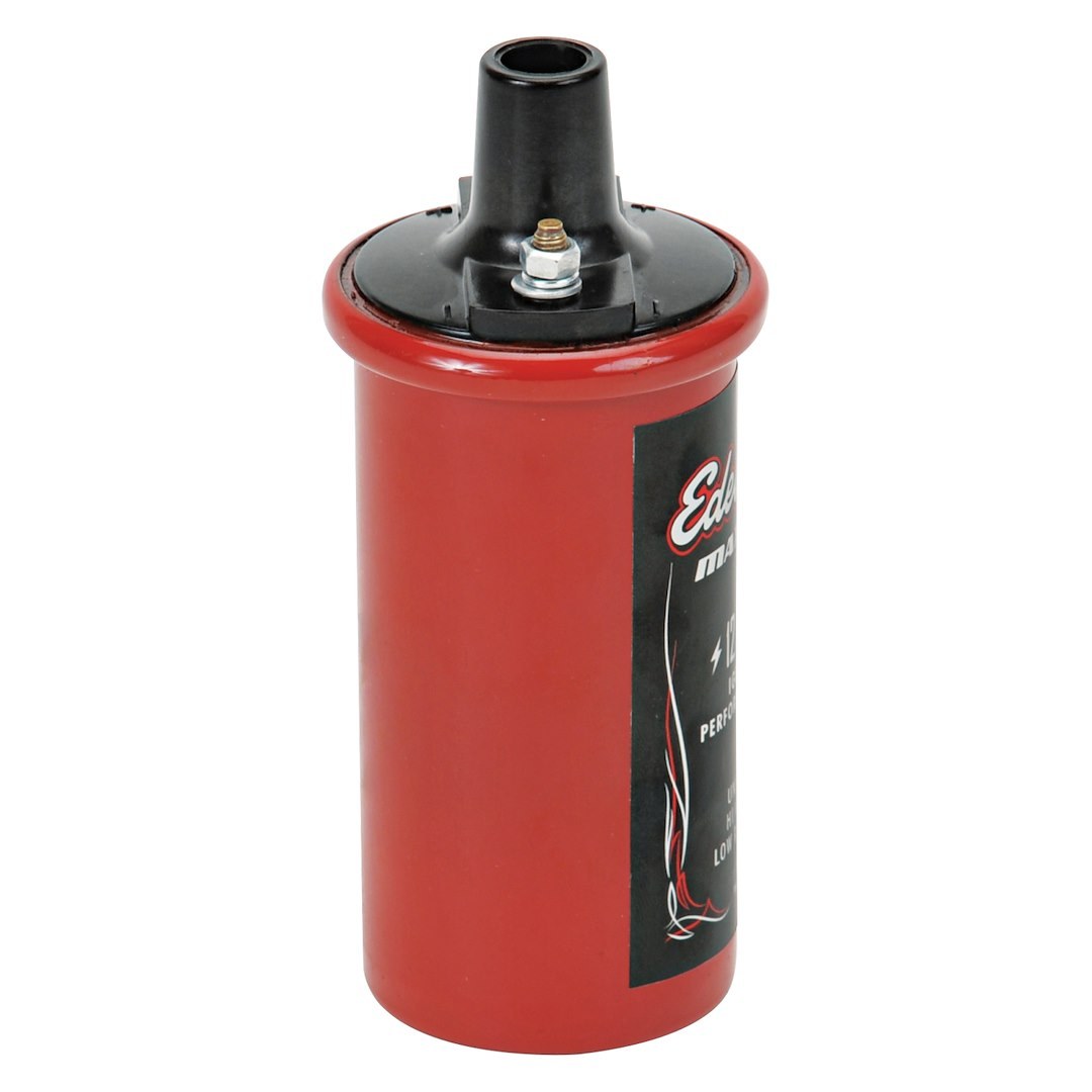 Edelbrock Ignition Coil, Max-Fire, Canister, 42000 Volts, 1.4 Ohms Primary Resistance, Black/ Red, Single – 22739