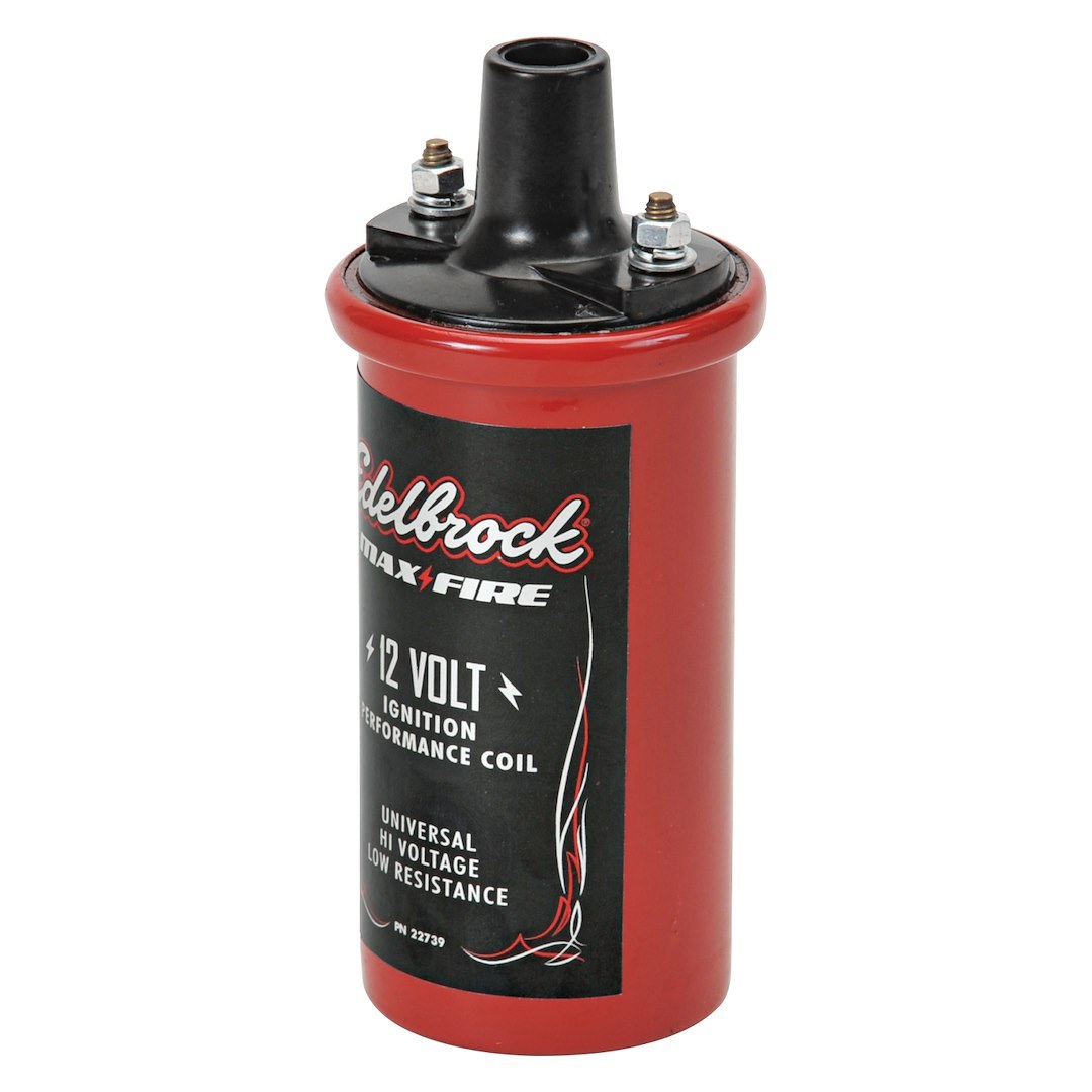 Edelbrock Ignition Coil, Max-Fire, Canister, 42000 Volts, 1.4 Ohms Primary Resistance, Black/ Red, Single – 22739