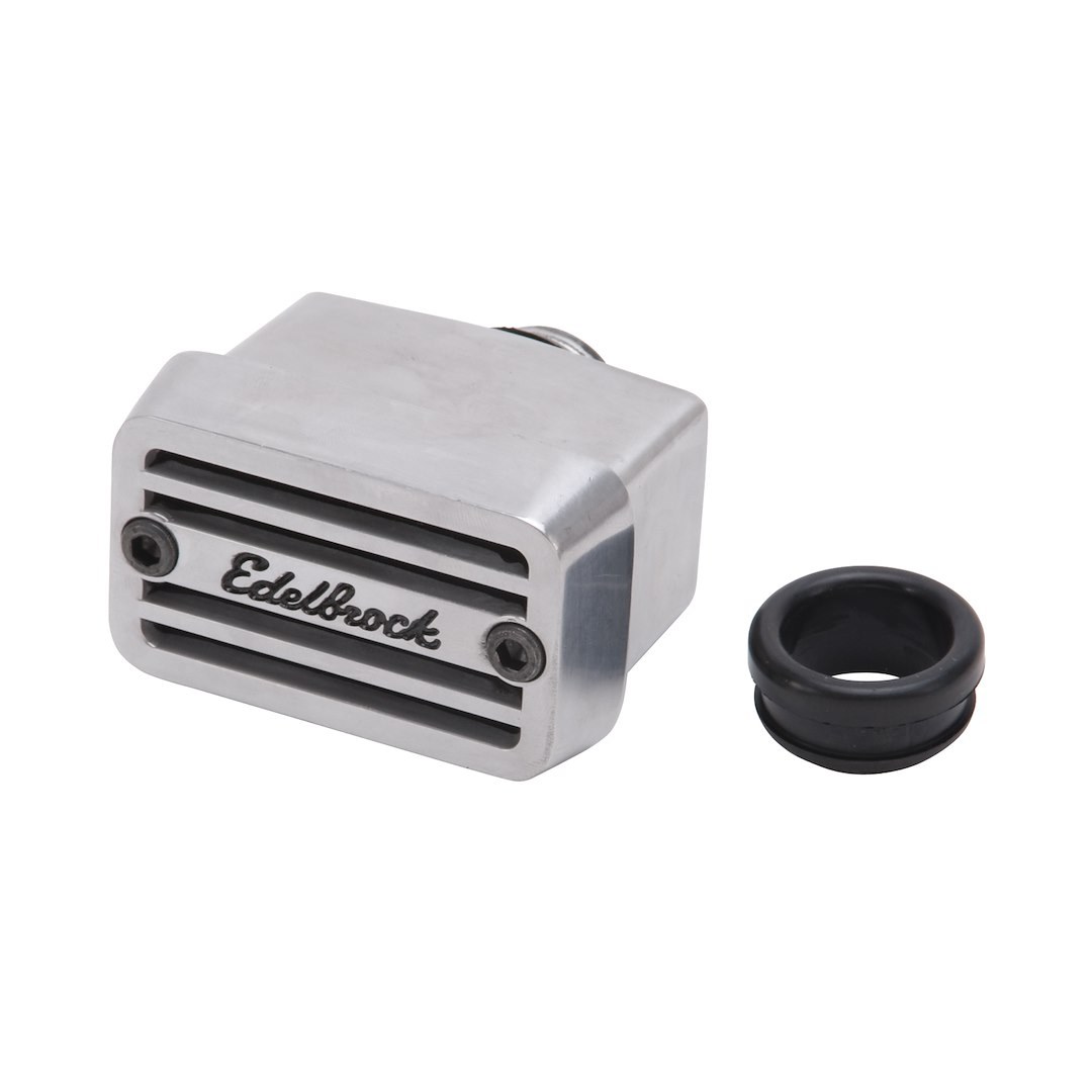 Edelbrock Crankcase Breather Filter, Elite, 3.270 Inch Long X 2.059 Inch Wide X 2.500 Inch Tall, Push-IN, Polished Chrome Aluminum – 4204