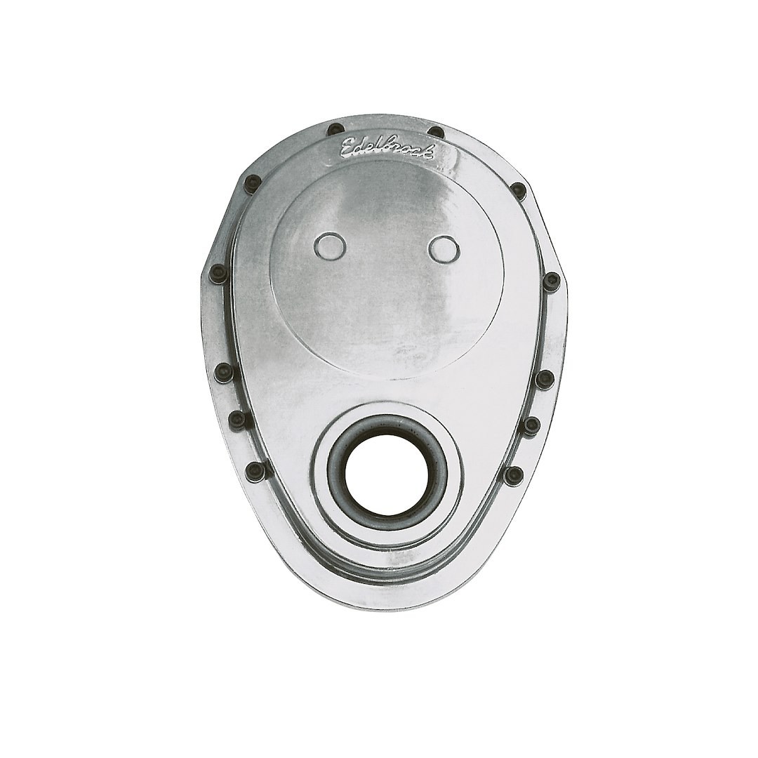 Edelbrock Timing Cover, For Use with Small Block Chevy Engine, Single Piece Cover, Polished, Aluminum, With Gasket, With Bolts – 4240