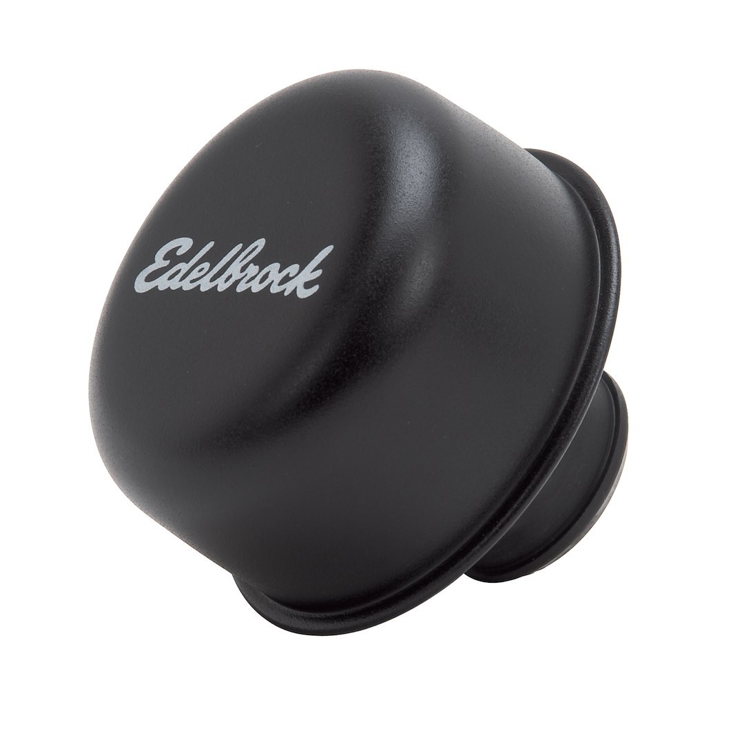 Edelbrock Crankcase Breather Cap, Round, Push-On, Black with Screen Printed Edelbrock Script, With Grommet – 4403