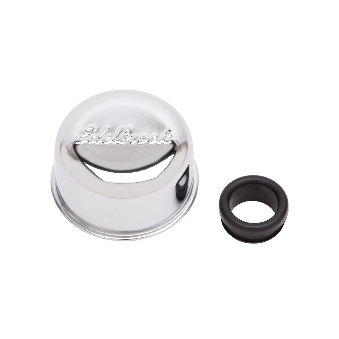 Edelbrock Crankcase Breather Cap, Round, Push-On, Chrome with Inscribed Edelbrock Script, With Grommet – 4405