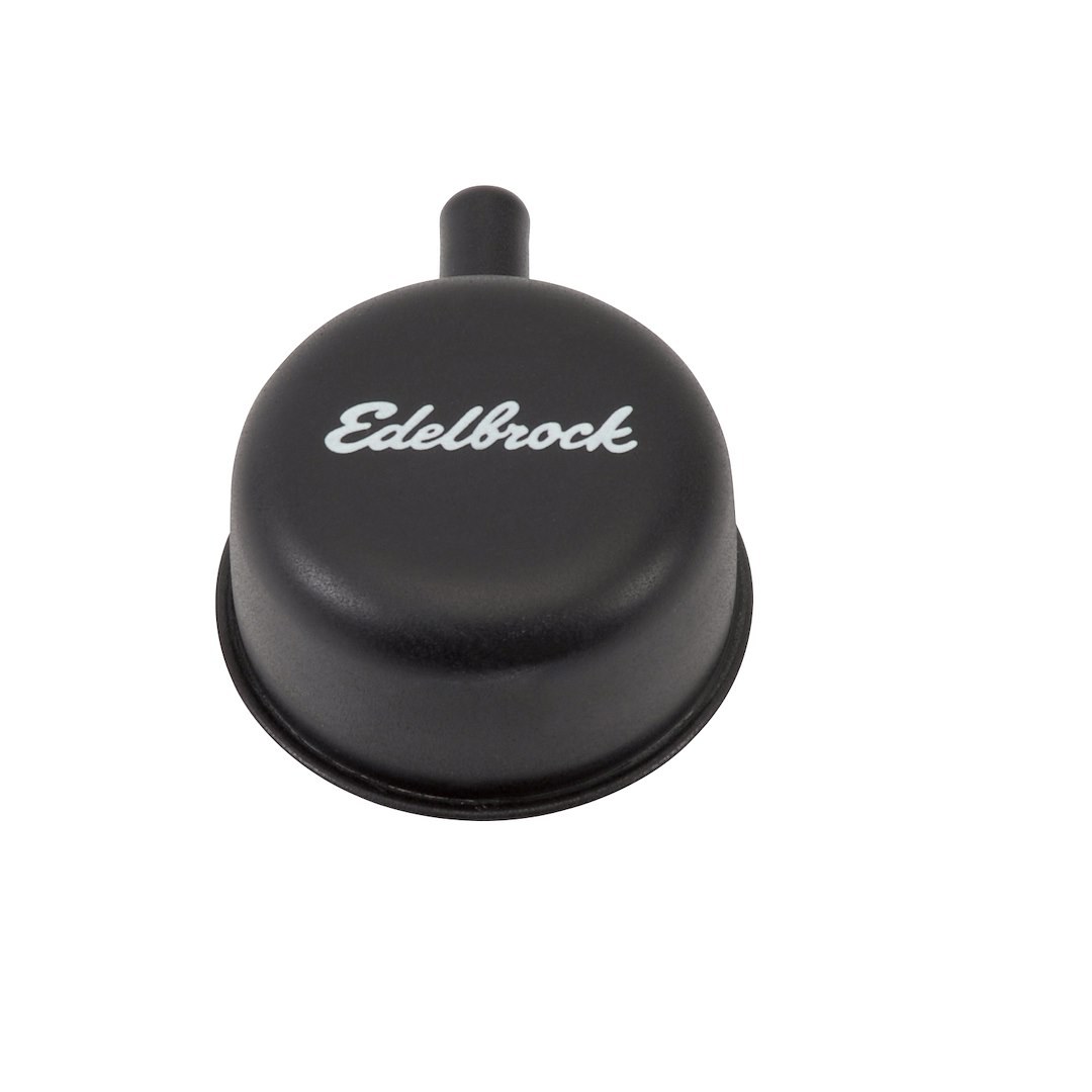 Edelbrock Crankcase Breather Cap, Round, Push-On, Black with Screen Printed Edelbrock Script, With Grommet – 4413
