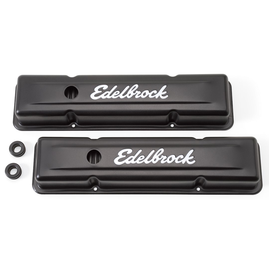 Edelbrock Valve Cover, Signature, Chevy Small Block 4.3L-6.6L/262-400 Cubic Inch, 2.8 Inch Overall Height, Perimeter Bolt, With Oil Fill Hole – 4443