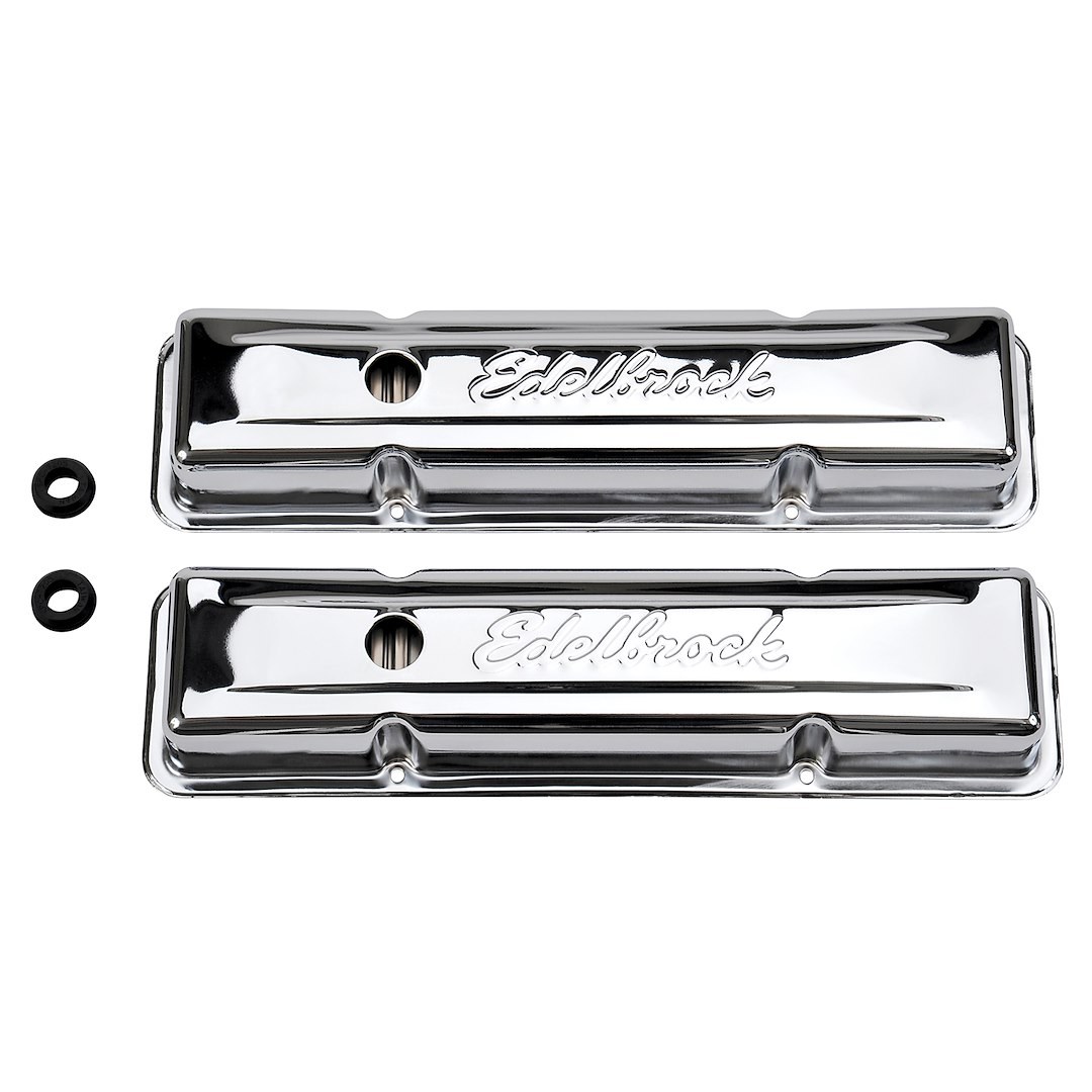 Edelbrock Valve Cover, Signature, Chevy Small Block 4.3L-6.6L/262-400 Cubic Inch, 2.8 Inch Overall Height, Perimeter Bolt, With Oil Fill Hole – 4449