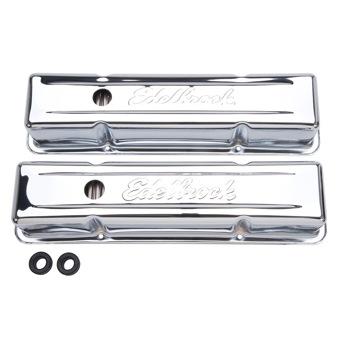 Edelbrock Valve Cover, Signature, Chevy Small Block 4.3L-6.6L/262-400 Cubic Inch, 3.7 Inch Overall Height, Perimeter Bolt, With Oil Fill Hole – 4649
