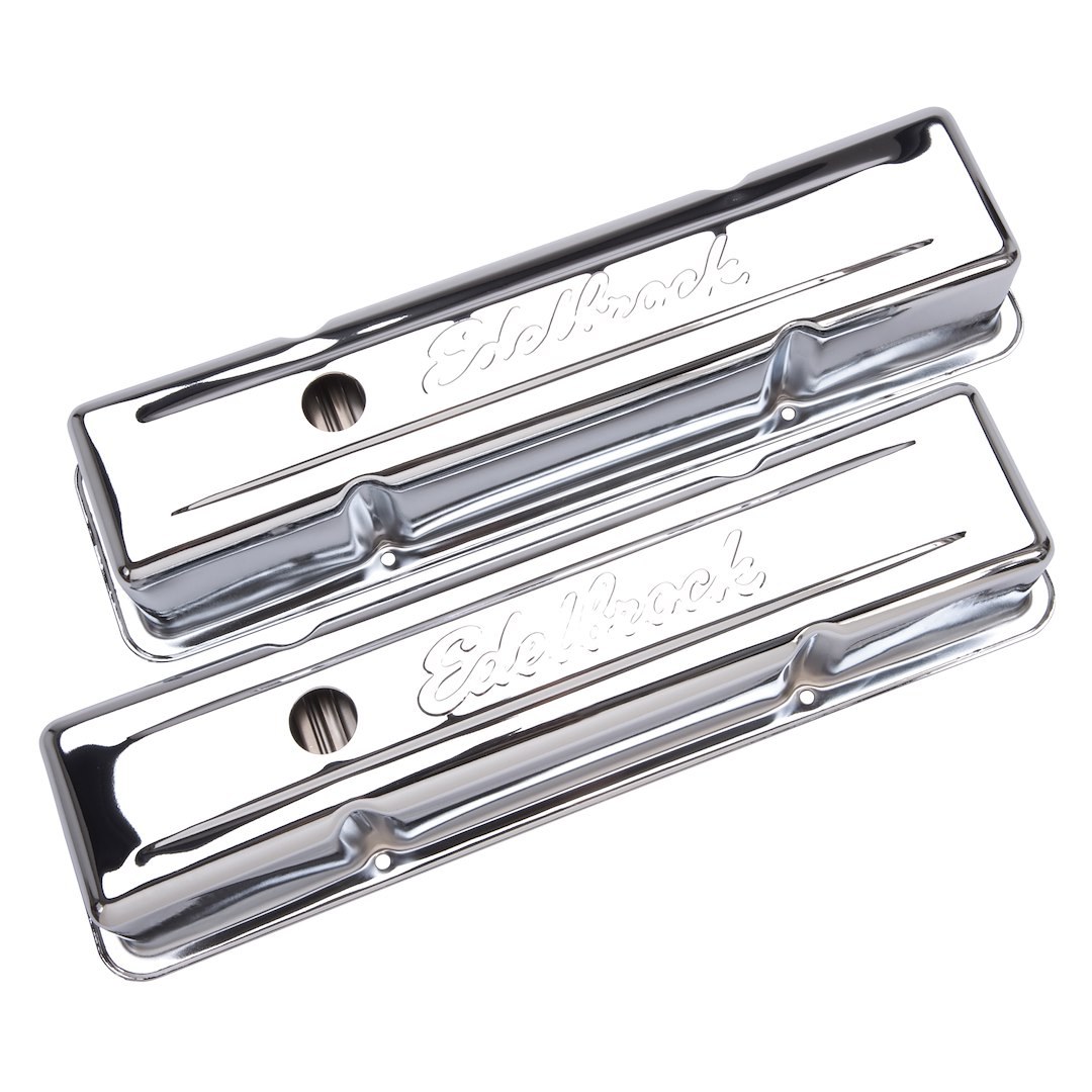 Edelbrock Valve Cover, Signature, Chevy Small Block 4.3L-6.6L/262-400 Cubic Inch, 3.7 Inch Overall Height, Perimeter Bolt, With Oil Fill Hole – 4649