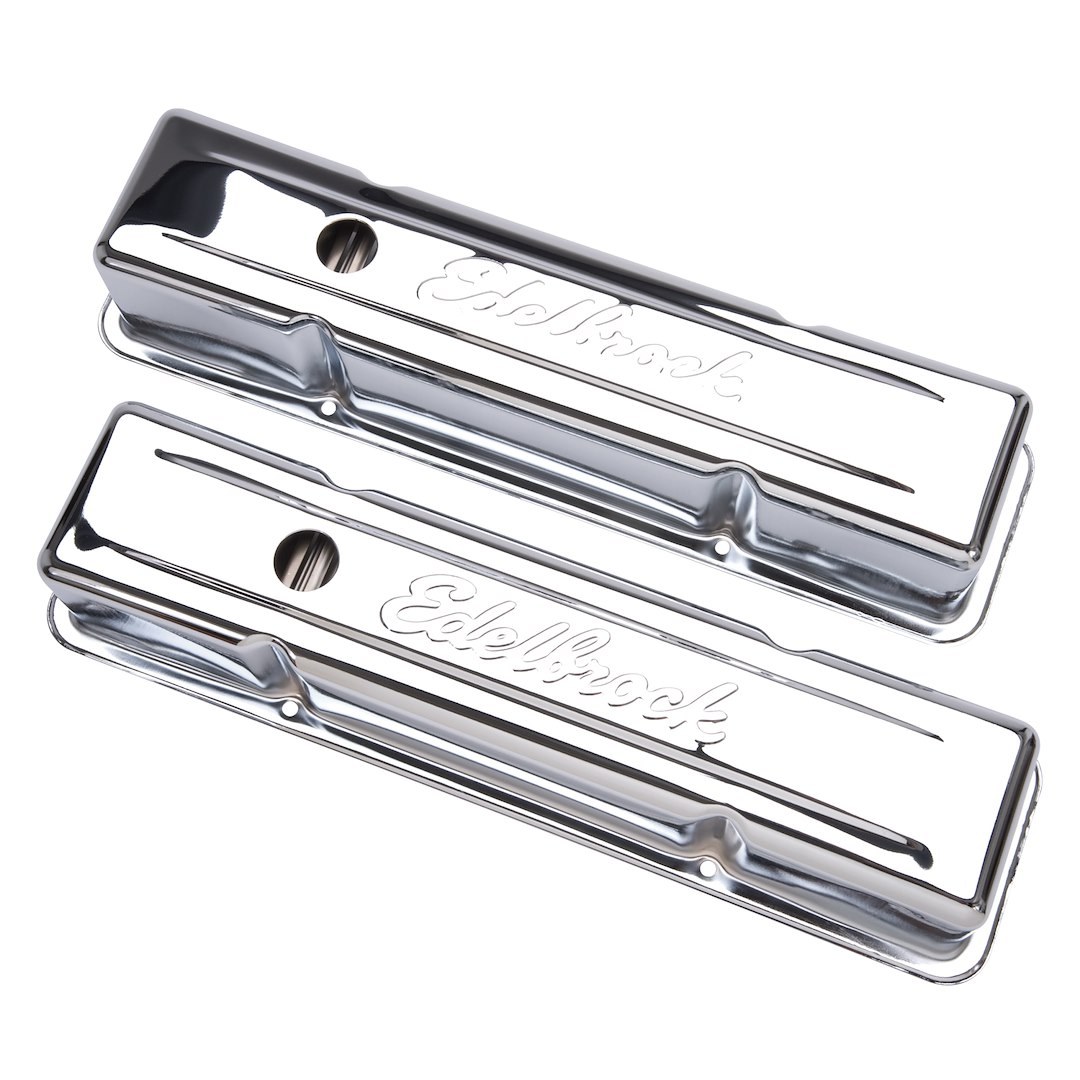 Edelbrock Valve Cover, Signature, Chevy Small Block 4.3L-6.6L/262-400 Cubic Inch, 3.7 Inch Overall Height, Perimeter Bolt, With Oil Fill Hole – 4649