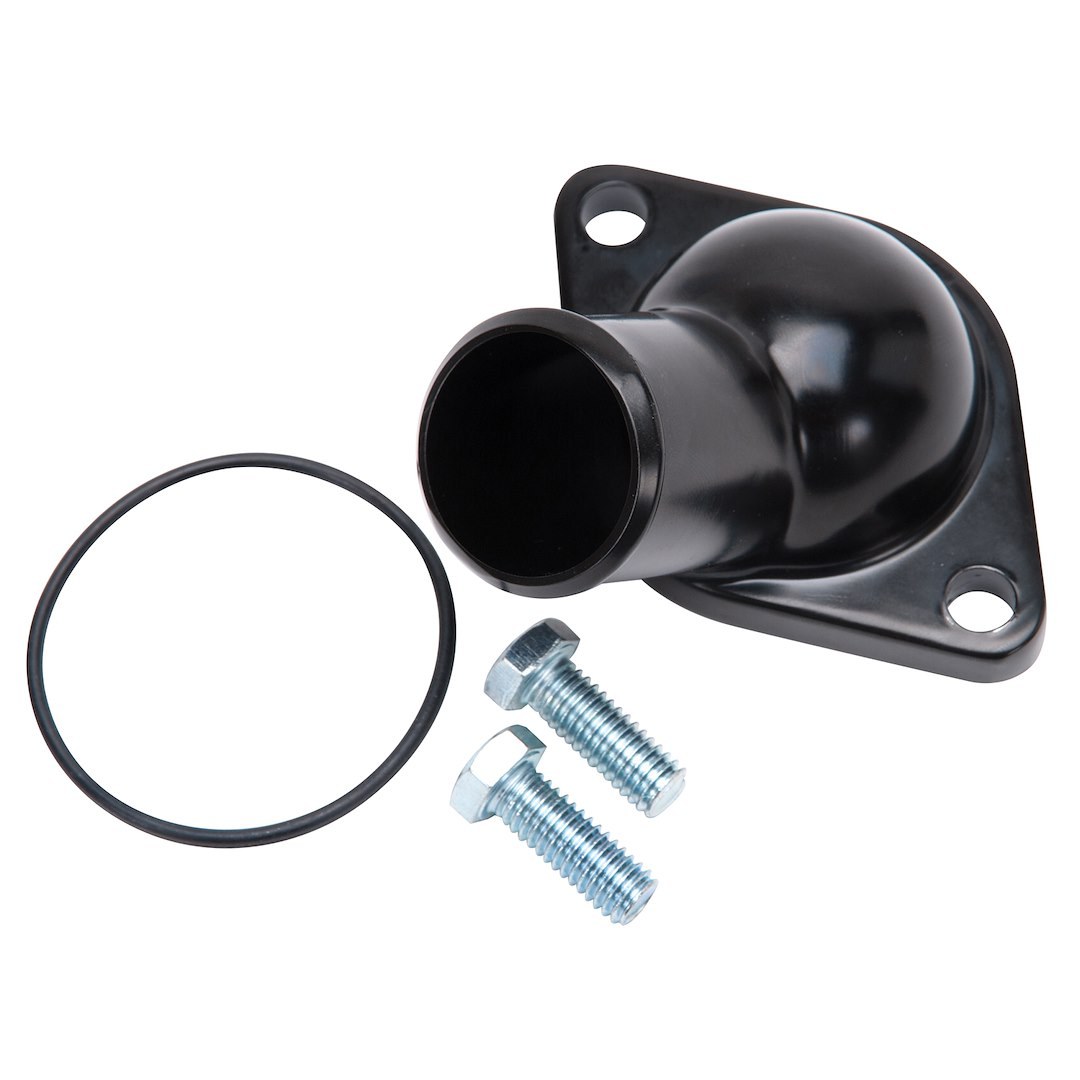 Edelbrock Thermostat Housing, Small Block Chevy, 15 Degree, Aluminum, Black, 1-1/2 Inch Diameter Outlet, O-Ring Seal – 48093