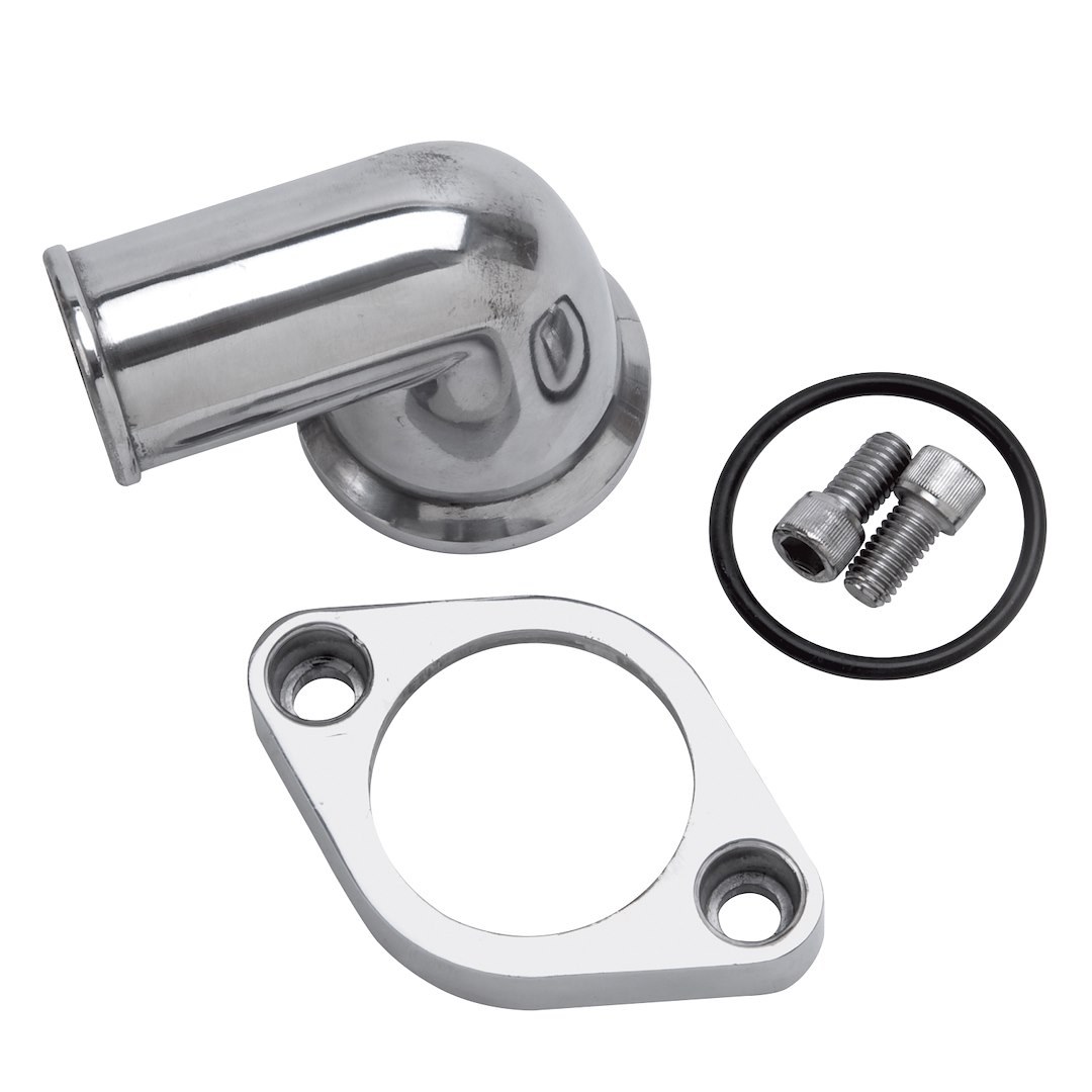 Edelbrock Thermostat Housing, 90 Degree Swivel, Aluminum, O-Ring Seal, Polished – 4818