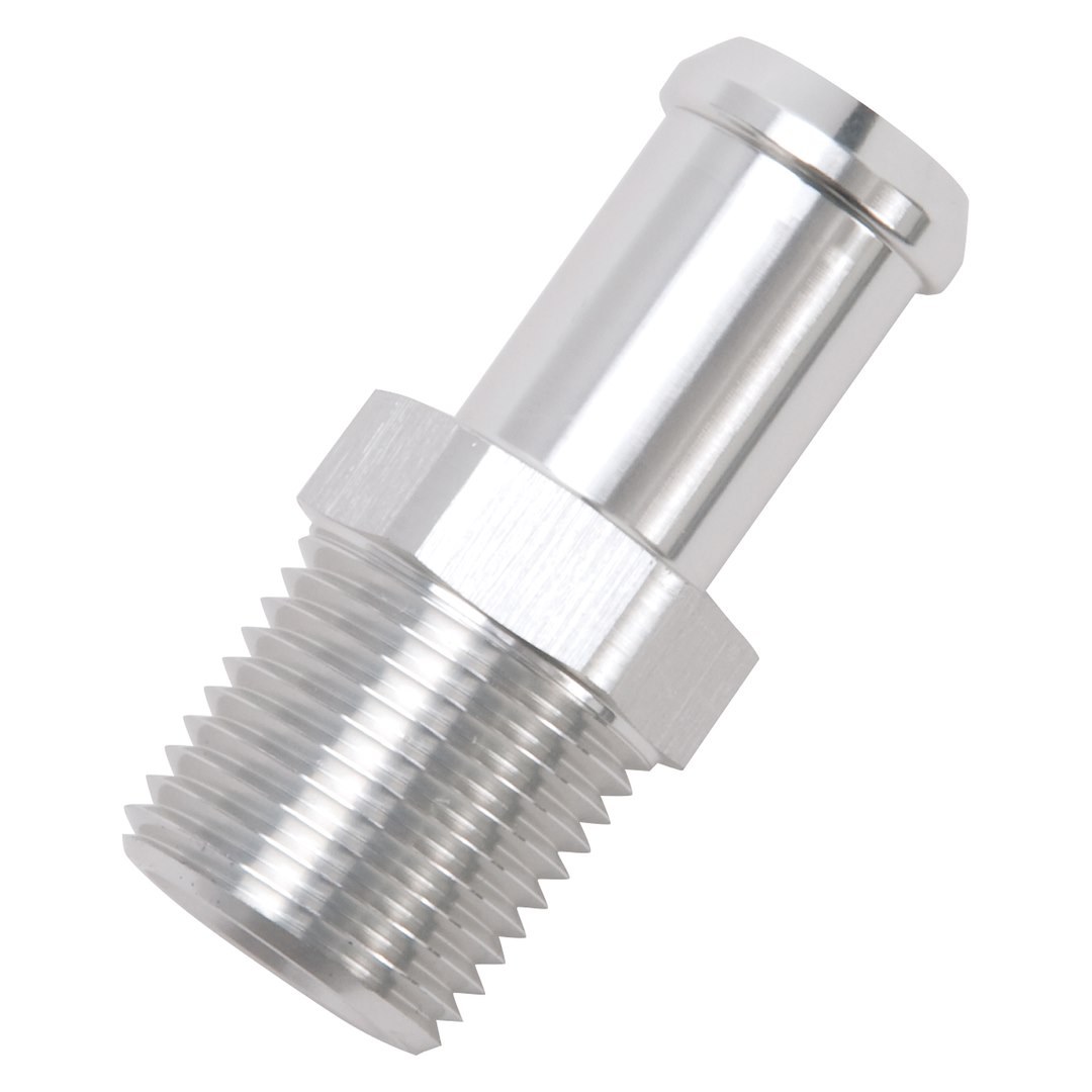 Edelbrock Adapter Fitting, 1/2 Inch NPT to 5/8 Inch Barb, Straight, Anodized, Clear, Aluminum, Single – 8160