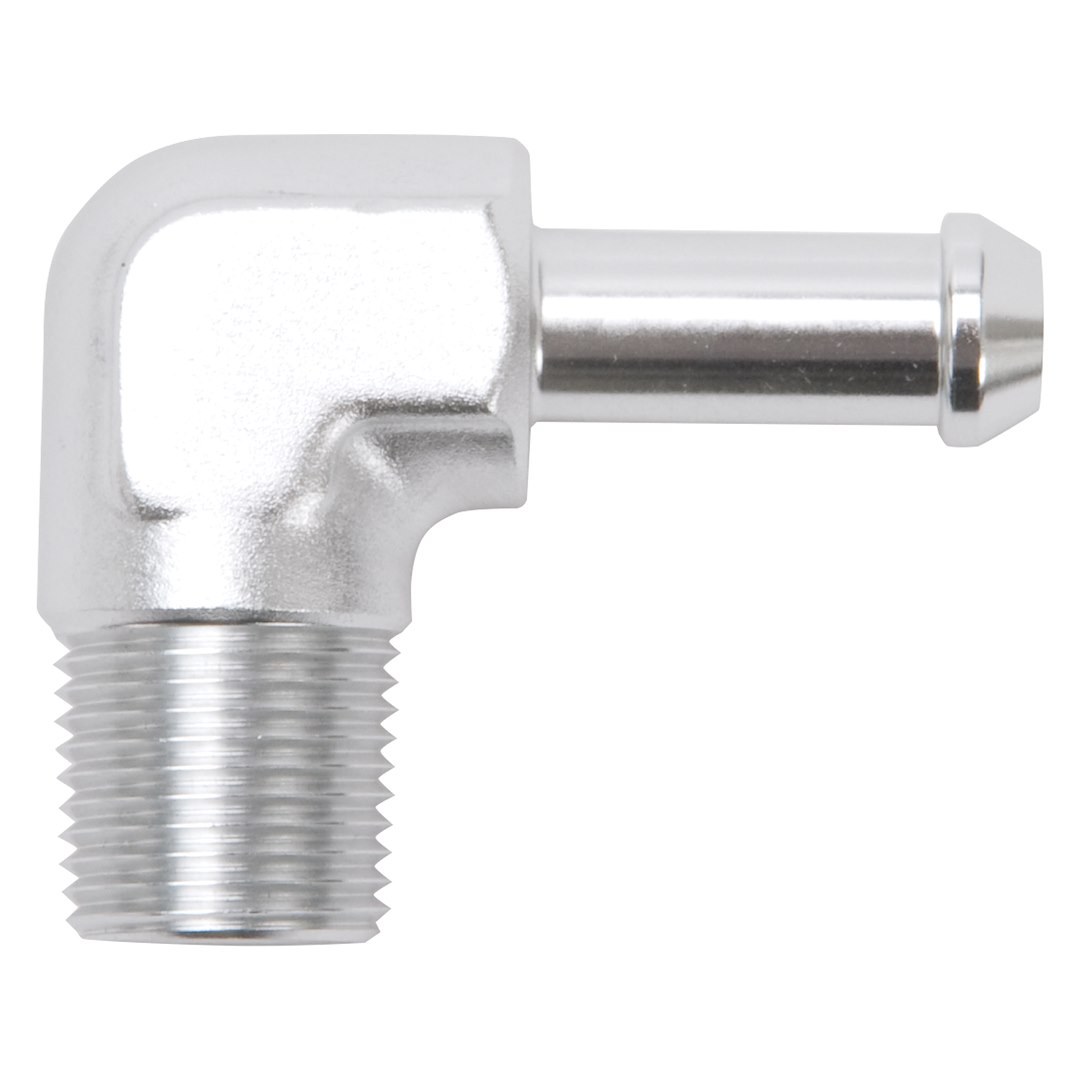 Edelbrock Adapter Fitting, 3/8 Inch NPT to 3/8 Inch Barb, 90 Degree, Anodized, Clear, Aluminum, Single – 8168