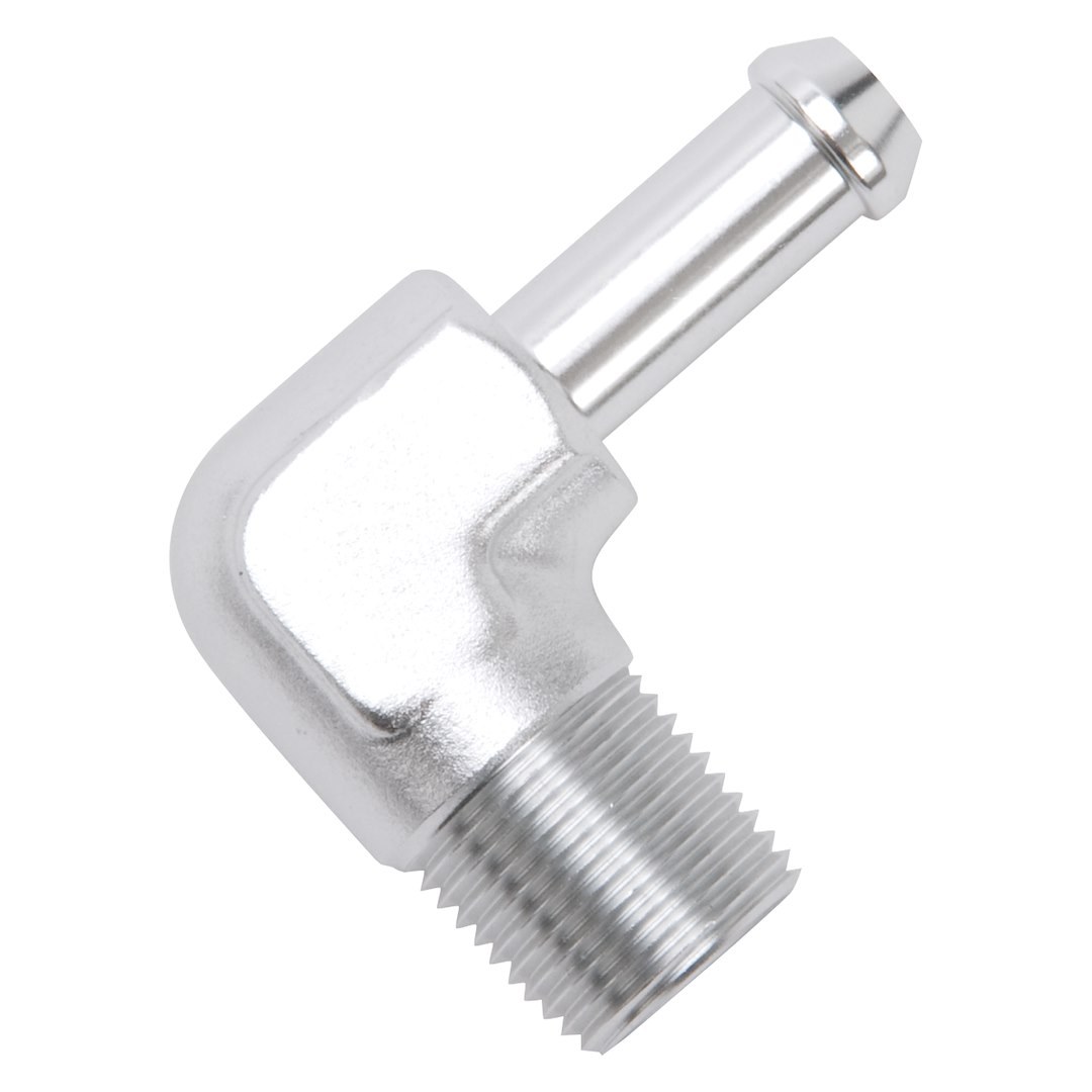 Edelbrock Adapter Fitting, 3/8 Inch NPT to 3/8 Inch Barb, 90 Degree, Anodized, Clear, Aluminum, Single – 8168
