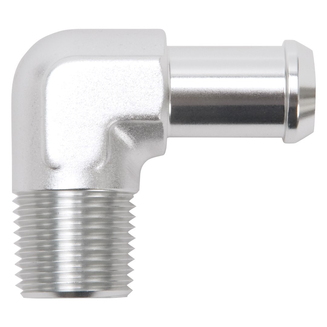 Edelbrock Adapter Fitting, 1/2 Inch NPT to 5/8 Inch Barb, 90 Degree, Anodized, Clear, Aluminum, Single – 8179