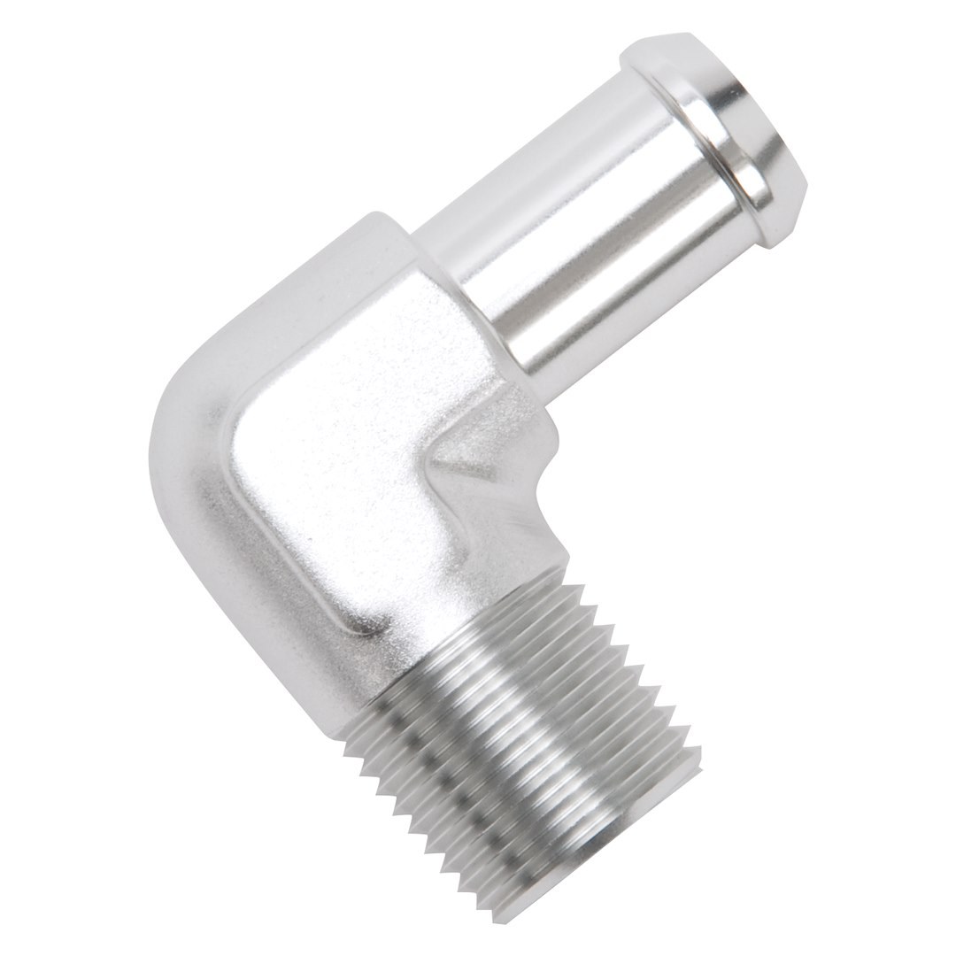Edelbrock Adapter Fitting, 1/2 Inch NPT to 5/8 Inch Barb, 90 Degree, Anodized, Clear, Aluminum, Single – 8179