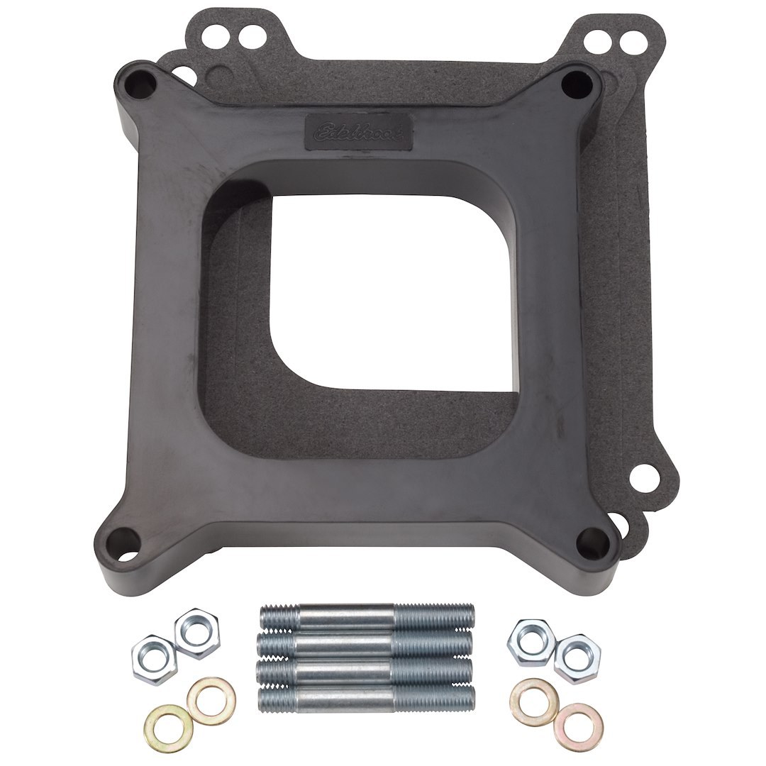 Edelbrock Carburetor Spacer, For Use with Square Bore Flange, Open Center, 1 Inch Thick, Black, Phenolic Plastic – 8710